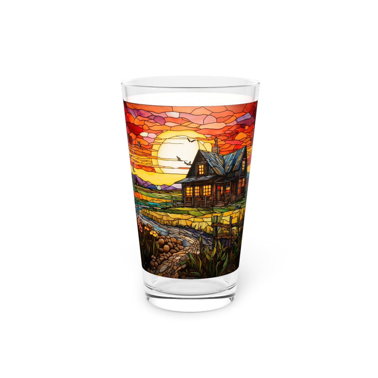 Rural Serenity: a charming farmhouse, near a cobblestone path 16oz Pint Glass Gift idea gifts for home decor housewarming gift