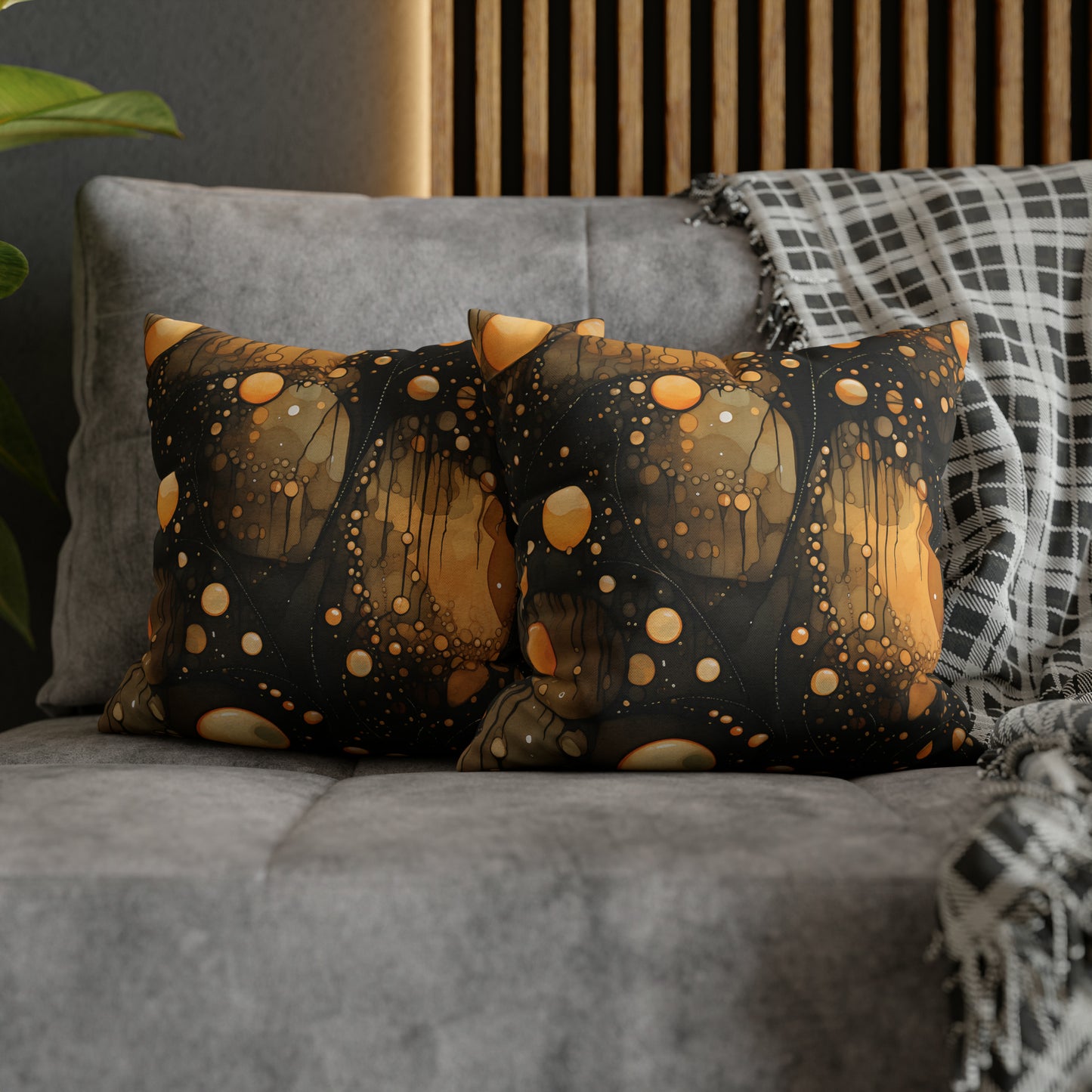 Halloween Yellow Orange Floating Blobs and Dark Spun Polyester Square Pillow Case