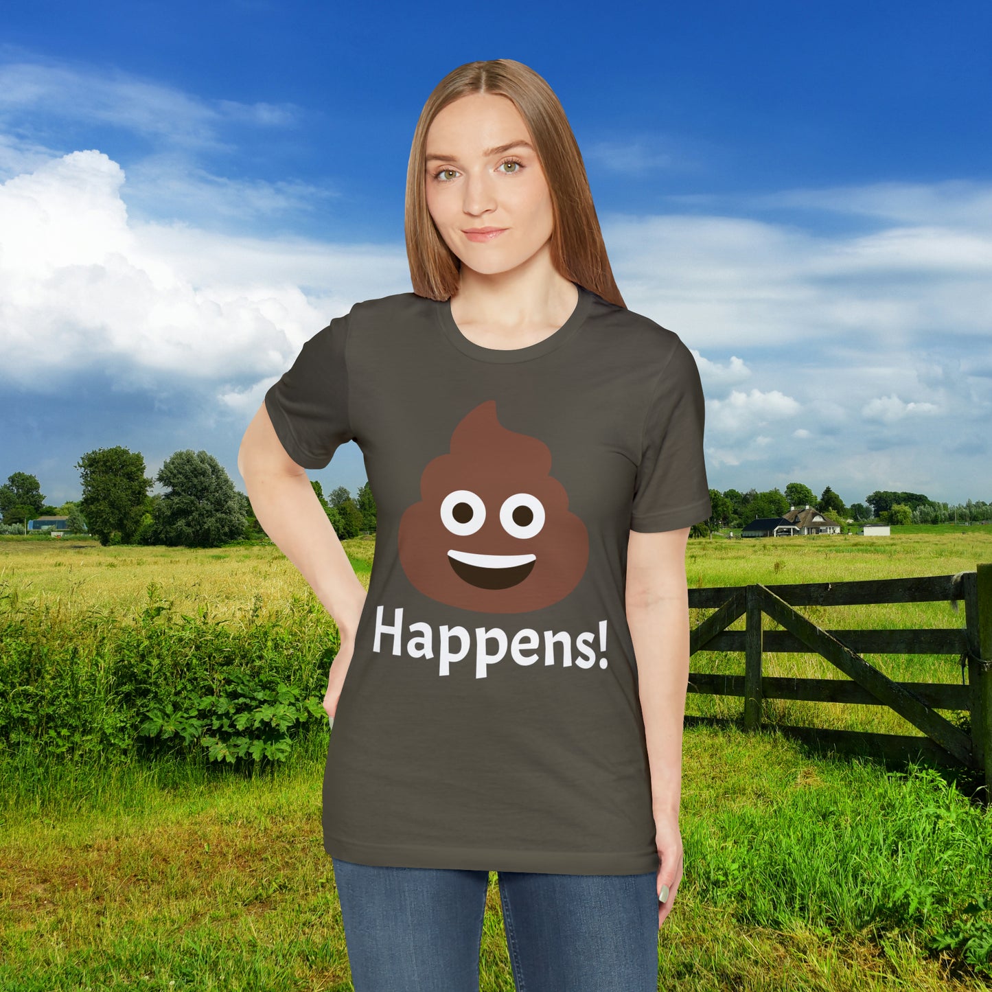 Embrace the Inevitable: 'Happens' Poop Emoji Unisex Jersey T-Shirt