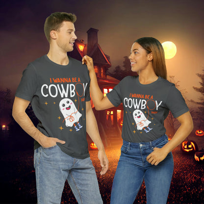 Little Ghost Saying I wanna be a cowboy baby Retro Groovy Western Halloween Unisex Jersey Short Sleeve Tee Gifts for Him Gifts for her.