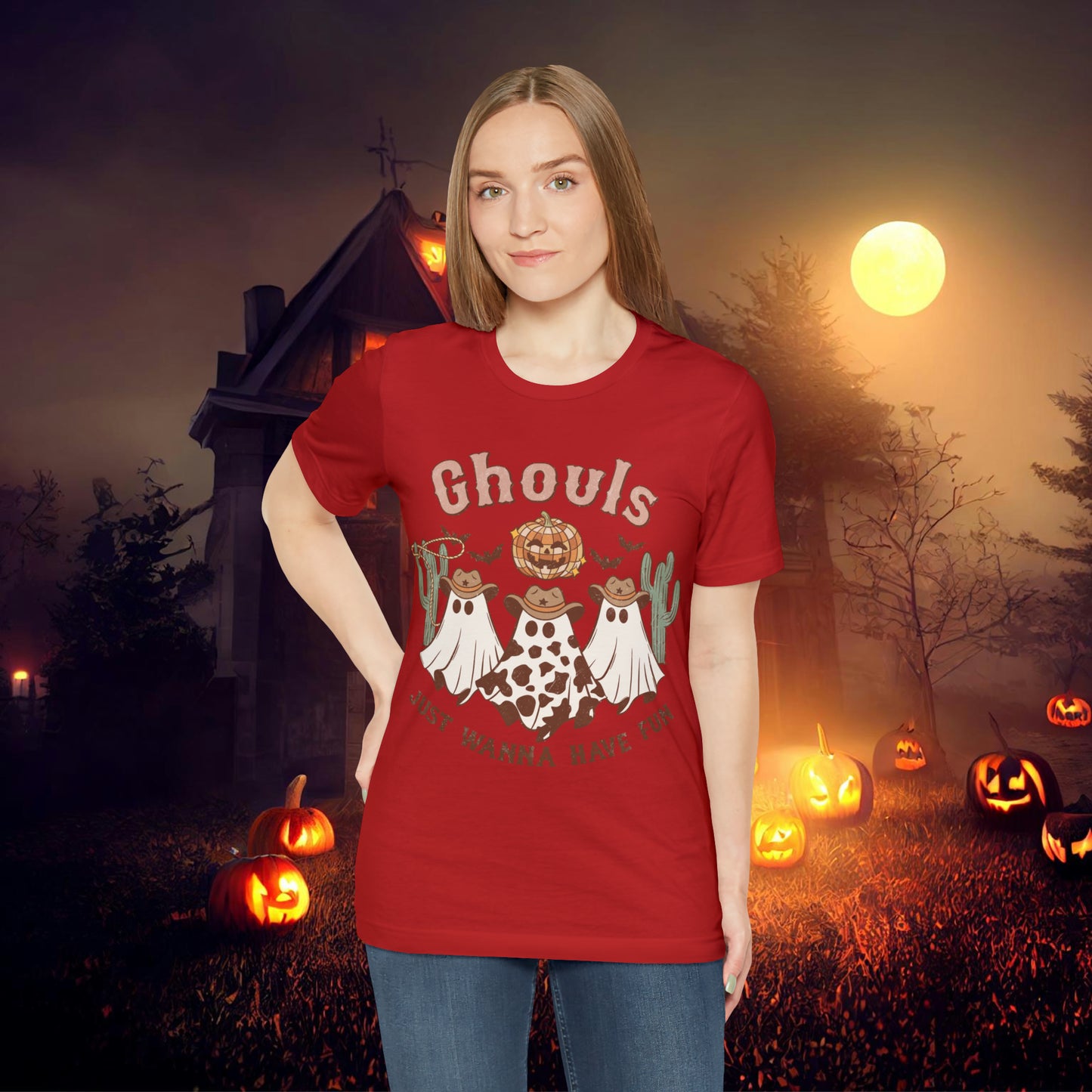 Ghouls Just wanna have fun Cowgirl Ghosts Retro Halloween Unisex Jersey Short Sleeve Tee Gifts for her