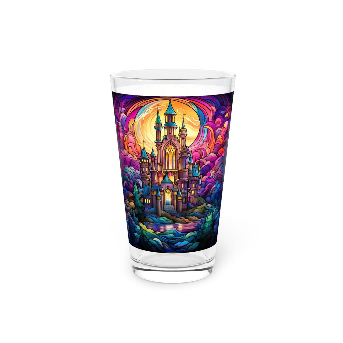 Enchanted Castle by the Creek: A Magical Stained Glass Artwork on a 16oz Pint Glass Gift idea, gifts for home decor, housewarming gift