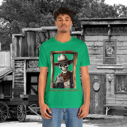 Spooky Saloon Showdown Gunslinging Skeleton Cowboy Halloween Unisex Jersey Short Sleeve Tee