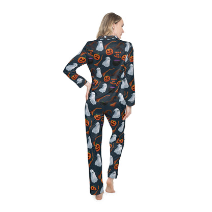 Halloween Trick or Treat Ghosts Witch Hats Jack o Lanterns Women's Satin Pajamas (AOP)