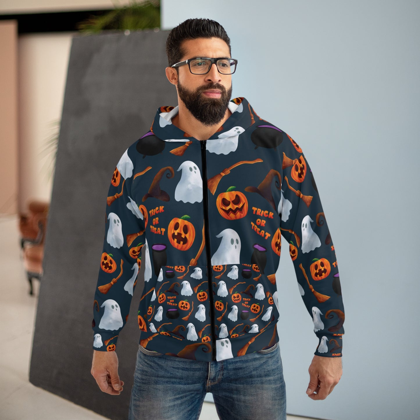 Trick or Treat Halloween Unisex Zip Hoodie (AOP) Gifts for Him Gifts For Her