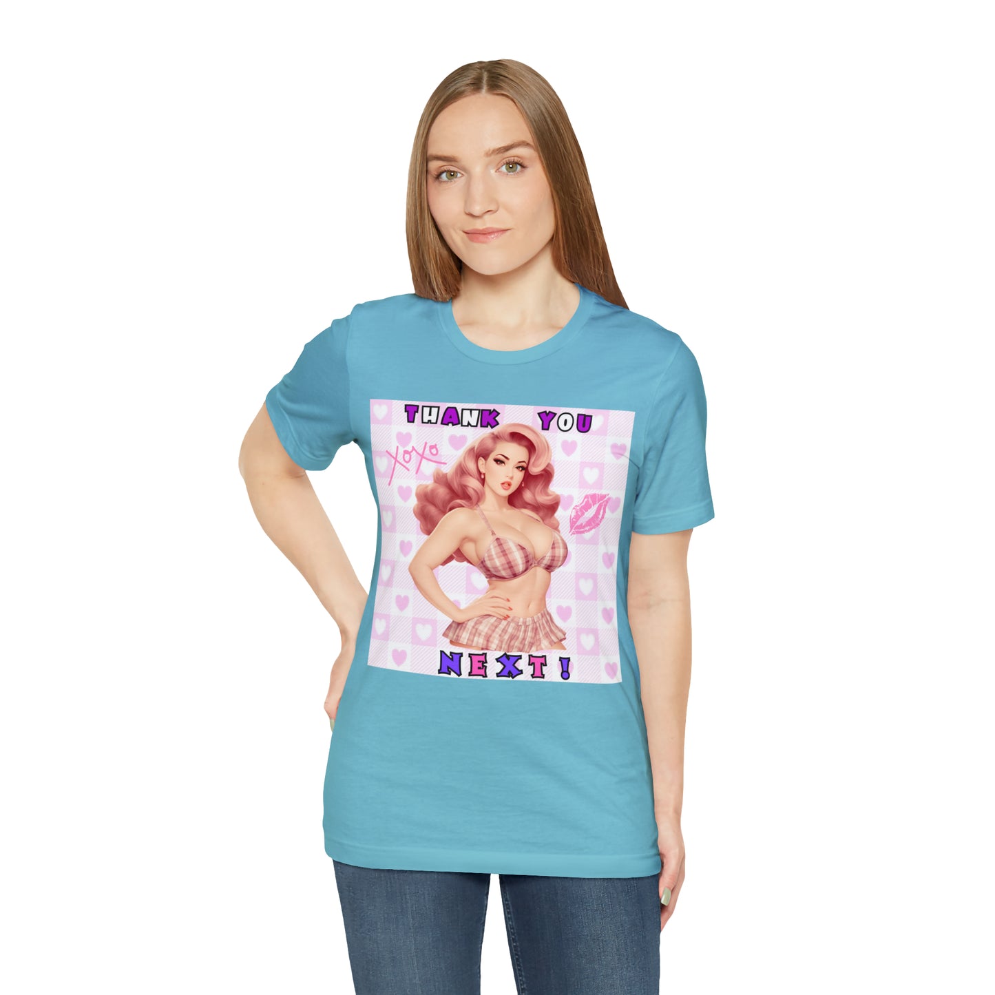 Timeless Elegance: Vintage Pink Pinup Girl "Thank You Next" on a Bella+Canva 3001 Unisex Jersey T-Shirt - A Must-Have Gift for her