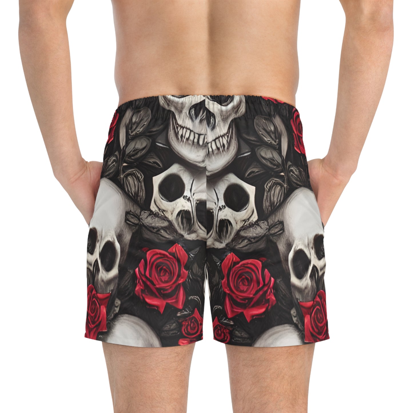 Hyper Realistic Skulls and Red Roses by artist Anne-Laure Goupil Swim Trunks (AOP)