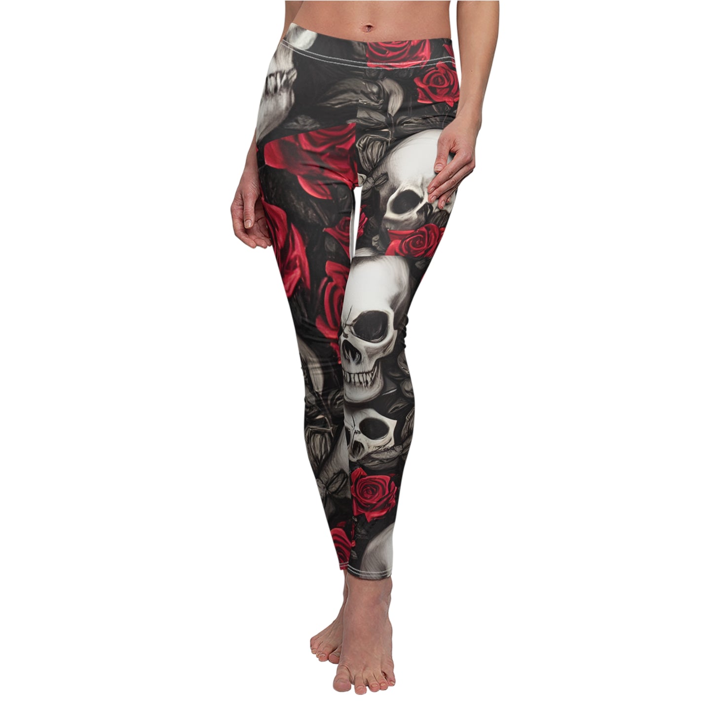 Hyper Realistic Skulls and Red Roses by artist Anne-Laure Goupil Women's Cut & Sew Casual Leggings (AOP)