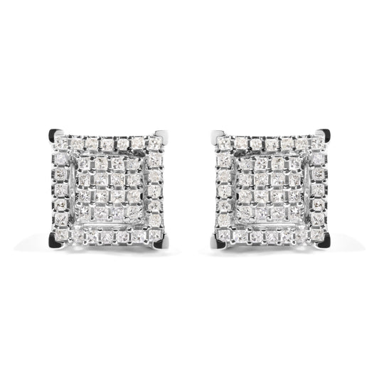10K White Gold 1 1/4 Cttw Princess Diamond Composite Double Square and Halo Stud Earrings (I-J Color, I1-I2 Clarity)