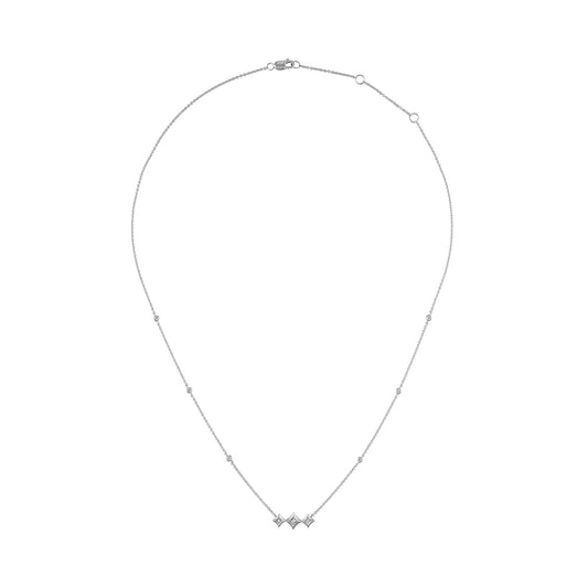 10K White Gold Bezel Set Princess Diamond 3 Stone Kite Shape and Station Necklace (H-I Color, SI2-I1 Clarity) - 18" Inches