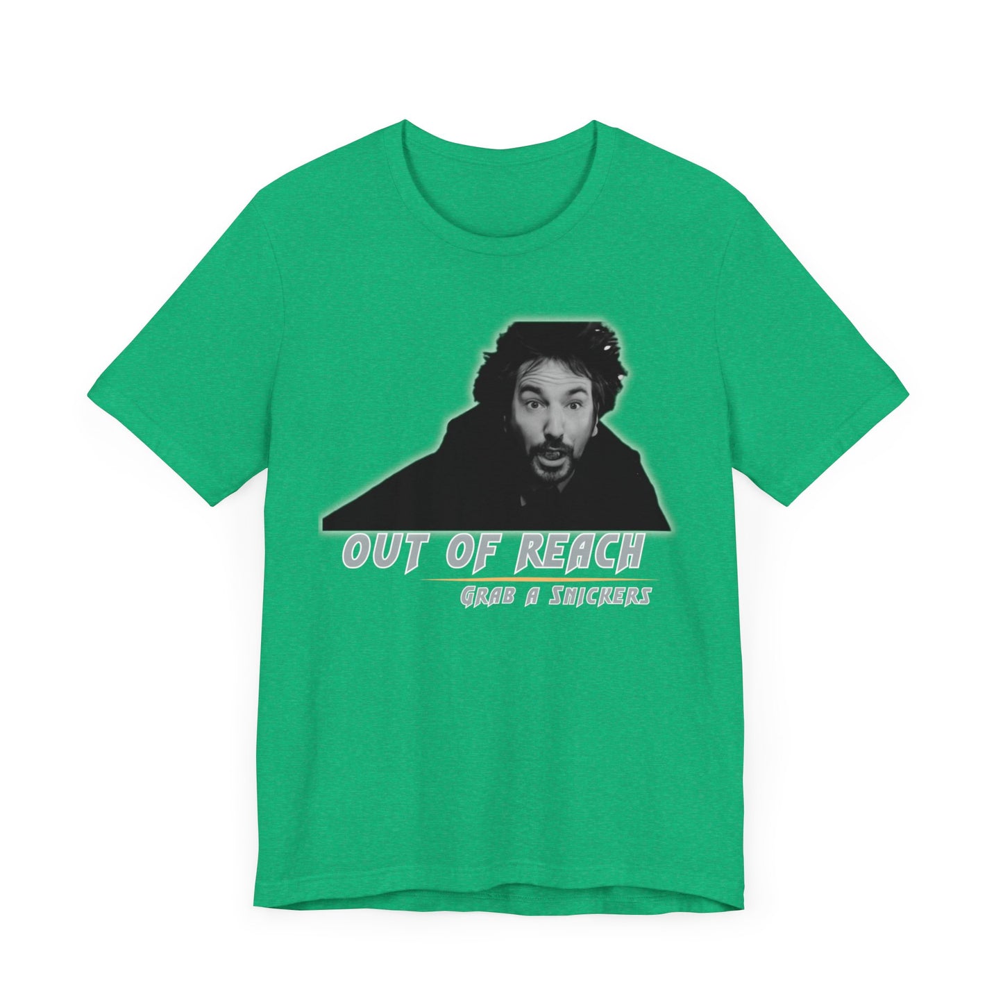 Inspired Parody Die Hard Hans Gruber Tee: Out of Reach, Grab a Snickers! Unisex Jersey Short Sleeve Tee