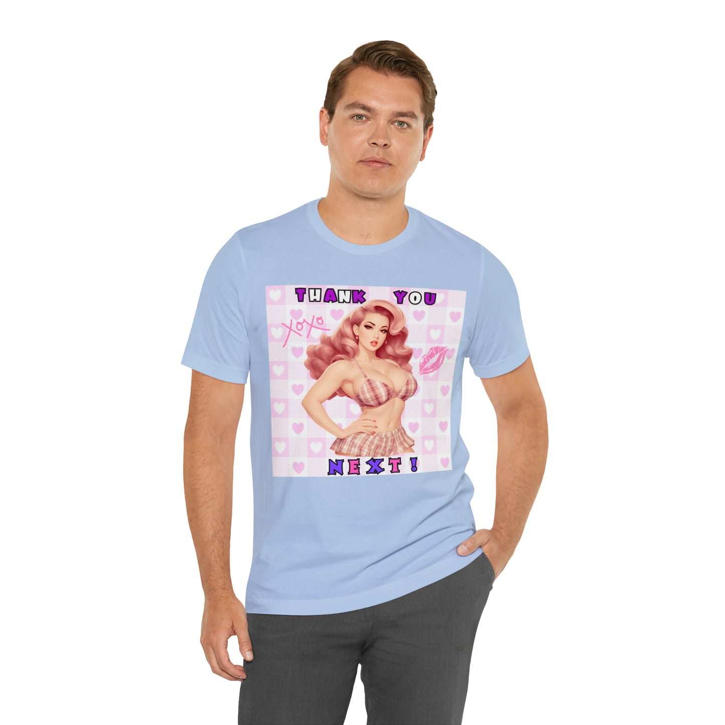 Timeless Elegance: Vintage Pink Pinup Girl "Thank You Next" on a Bella+Canva 3001 Unisex Jersey T-Shirt - A Must-Have Gift for her