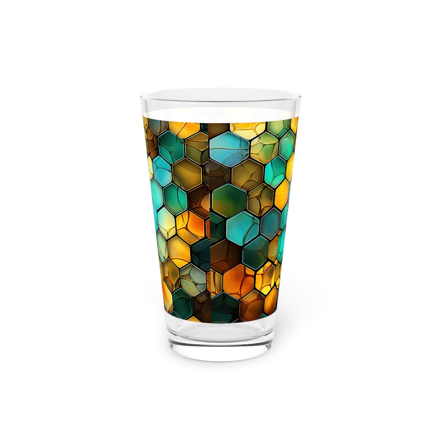 Buzzing Beauty: A Blue and Yellow Honeycomb Stained Glass Artwork on a 16oz Pint Glass Gift idea gifts for home decor housewarming gift