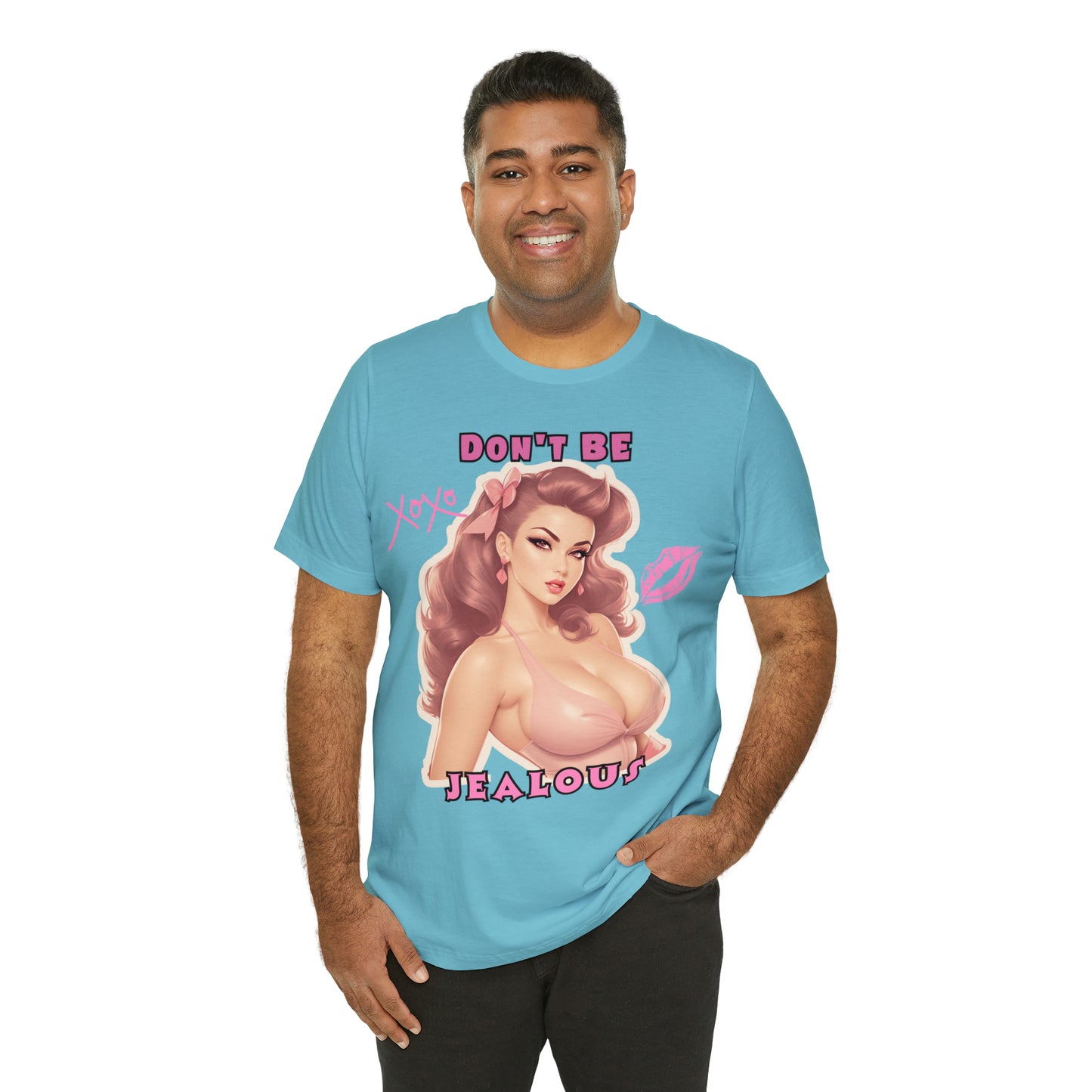 Timeless Elegance: Vintage Pink Pinup Girl "Don't Be Jealous" on a Bella+Canva 3001 Unisex Jersey T-Shirt - A Must-Have Gift for her