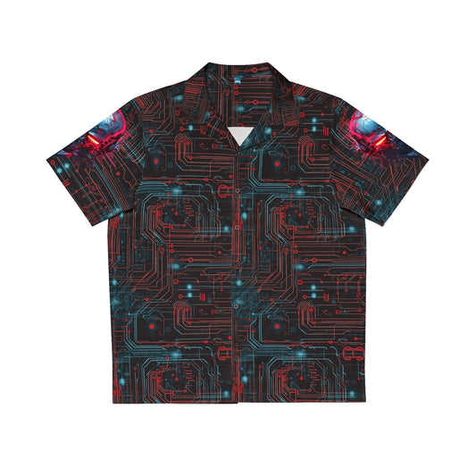 CyberPunk Cybernetic Skull breaking through a Red and Blue Neon Circuit Board Men's Hawaiian Shirt (AOP)