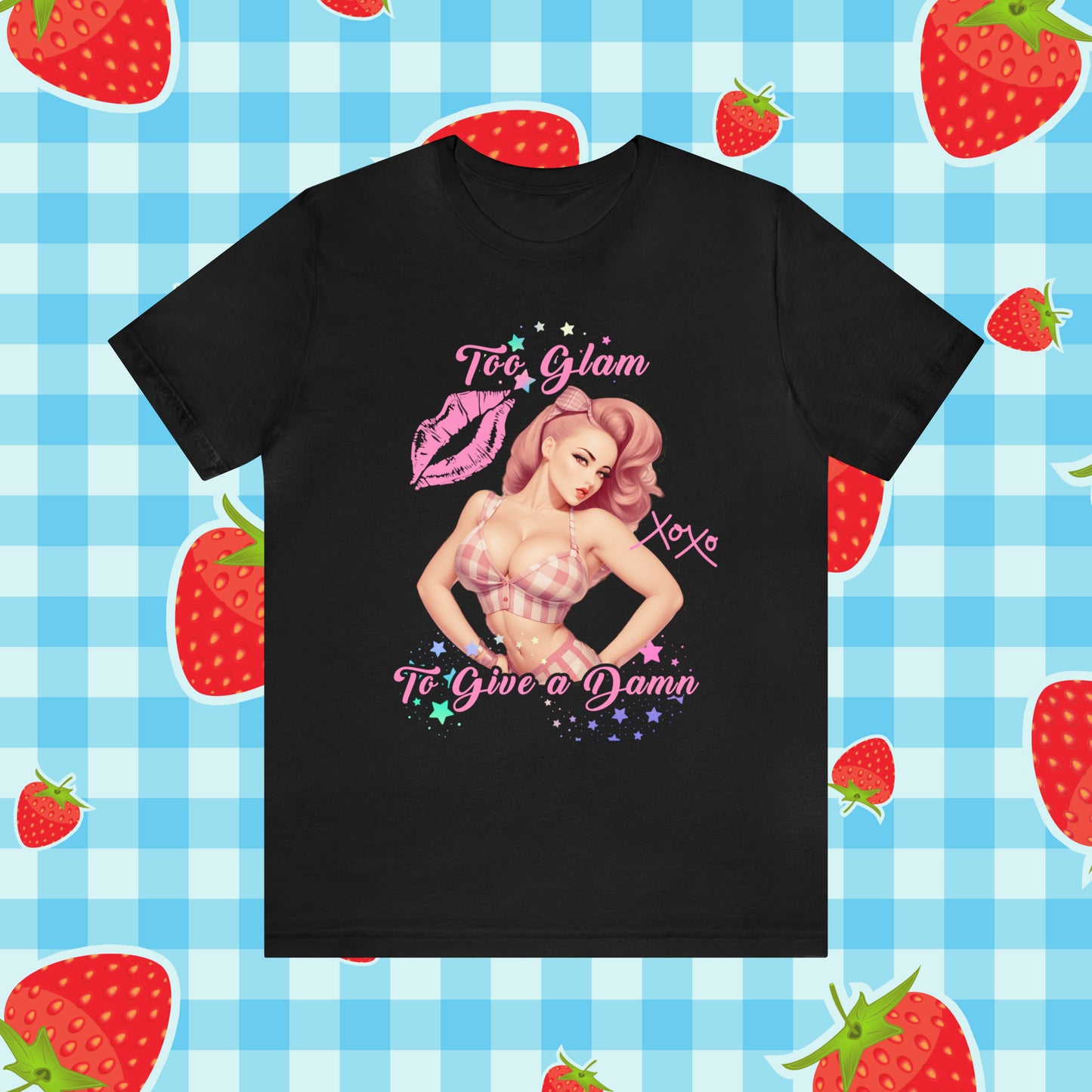 Vintage Pink Pinup Girl "Too Glam To Give a D*mn" on a Bella+Canva 3001 Unisex Jersey T-Shirt - A Must-Have Gift for her