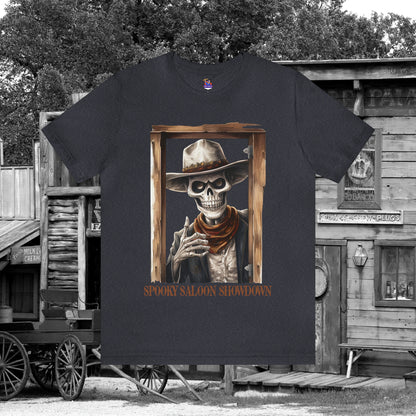 Spooky Saloon Showdown Gunslinging Skeleton Cowboy Halloween Unisex Jersey Short Sleeve Tee