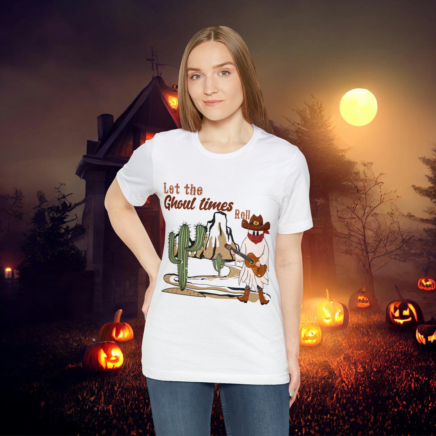 Cowboy Ghost playing the Guitar singing Let the Ghoul times roll Halloween Unisex Jersey Short Sleeve Tee Gifts for him Gifts for Her