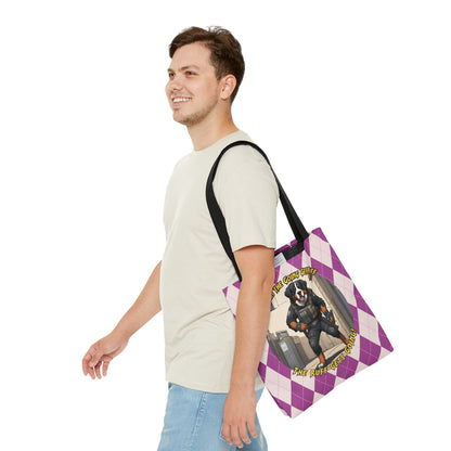 Bernese Mountain Dog Tote Bag | AOP Purple Rhombus Pattern | 'When the Going Gets Ruff, the Ruff Get Going' SWAT Gear Dog Art