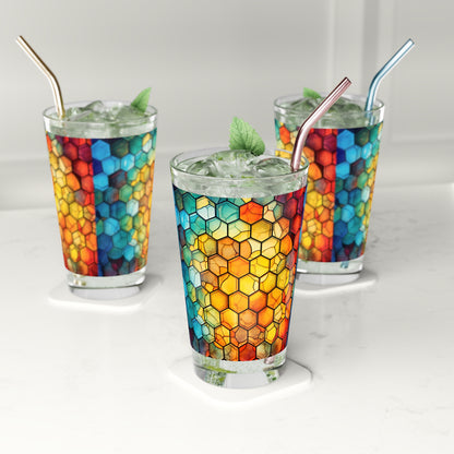 Honeycomb Suprise: A Blue and Yellow Honeycomb Stained Glass Artwork on a 16oz Pint Glass Gift idea gifts for home decor housewarming gift