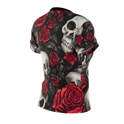 Hyper Realistic Skulls and Red Roses by artist Anne-Laure Goupil Women's Cut & Sew Tee (AOP)