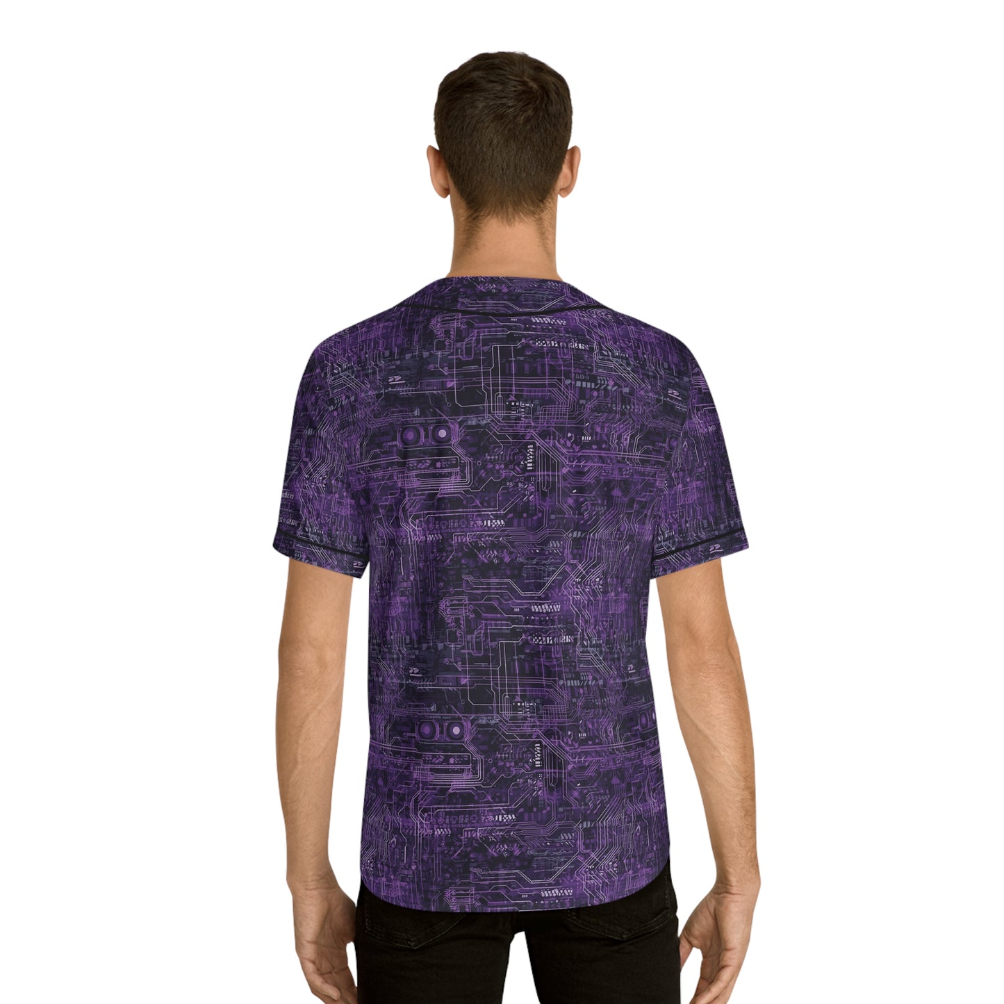 CyberPunk Cybernetic Skull breaking through a Purple Neon Circuit Board Men's Baseball Jersey (AOP)