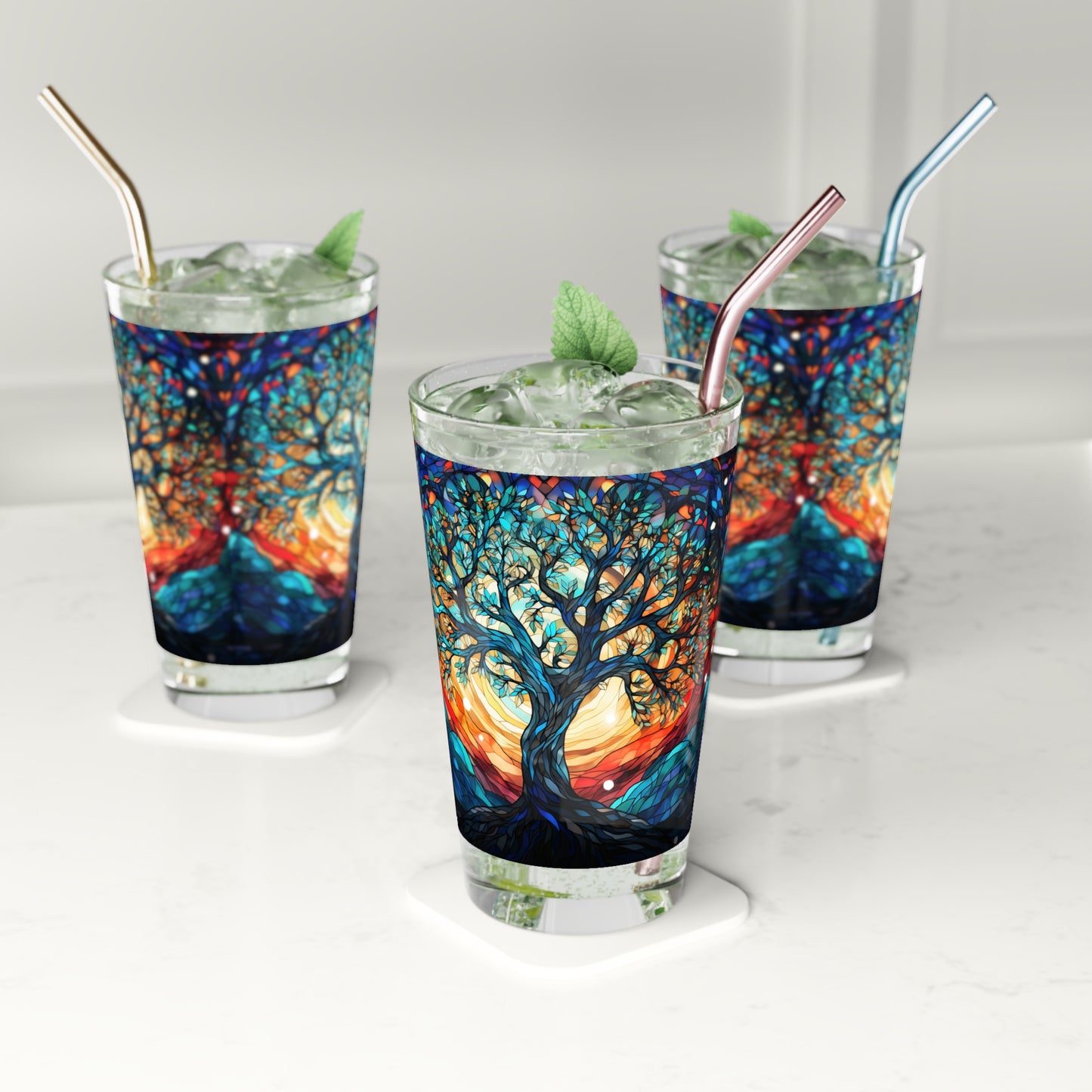 Nighttime Blossoms: A Celestial Tree Stained Glass Masterpiece on Your Pint Glass 16oz Pint Glass Gift idea gifts for home decor housewarming gift