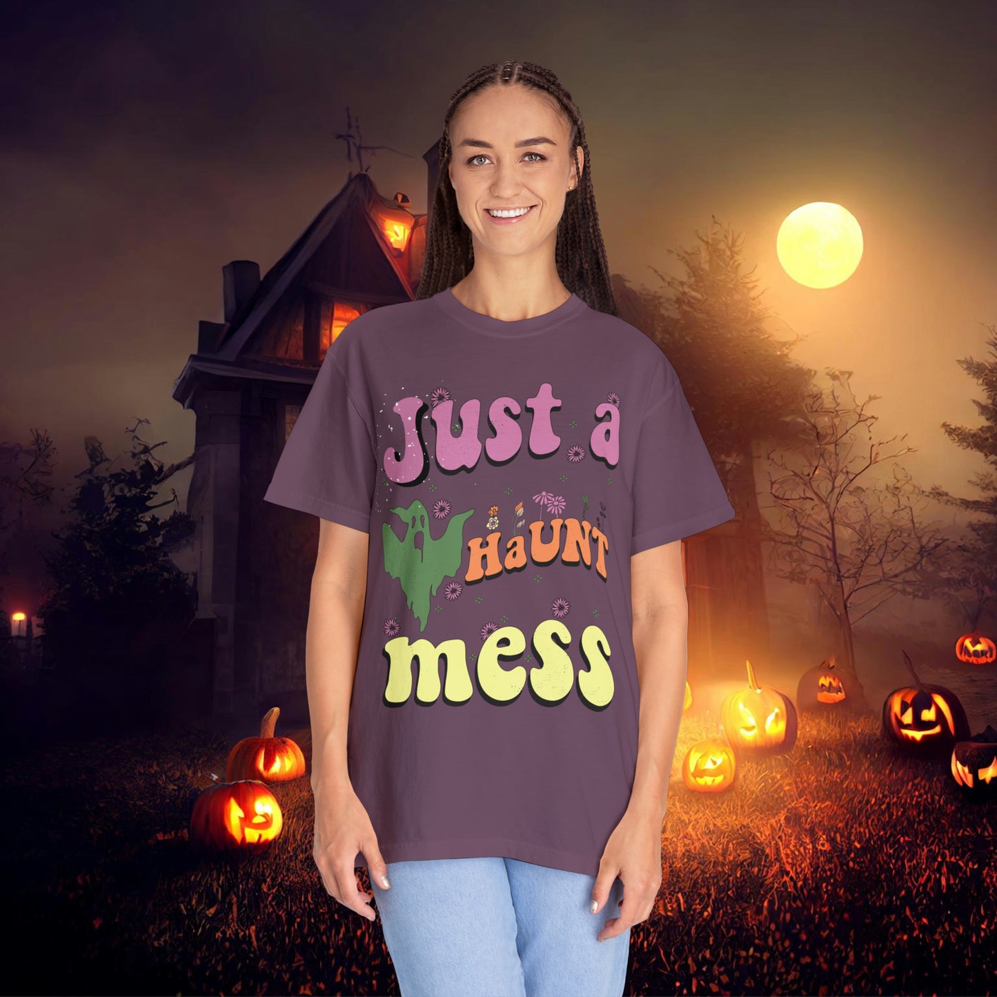 Just a Haunt Mess Retro Halloween Unisex Garment-Dyed T-shirt Gifts for Her Gifts for him