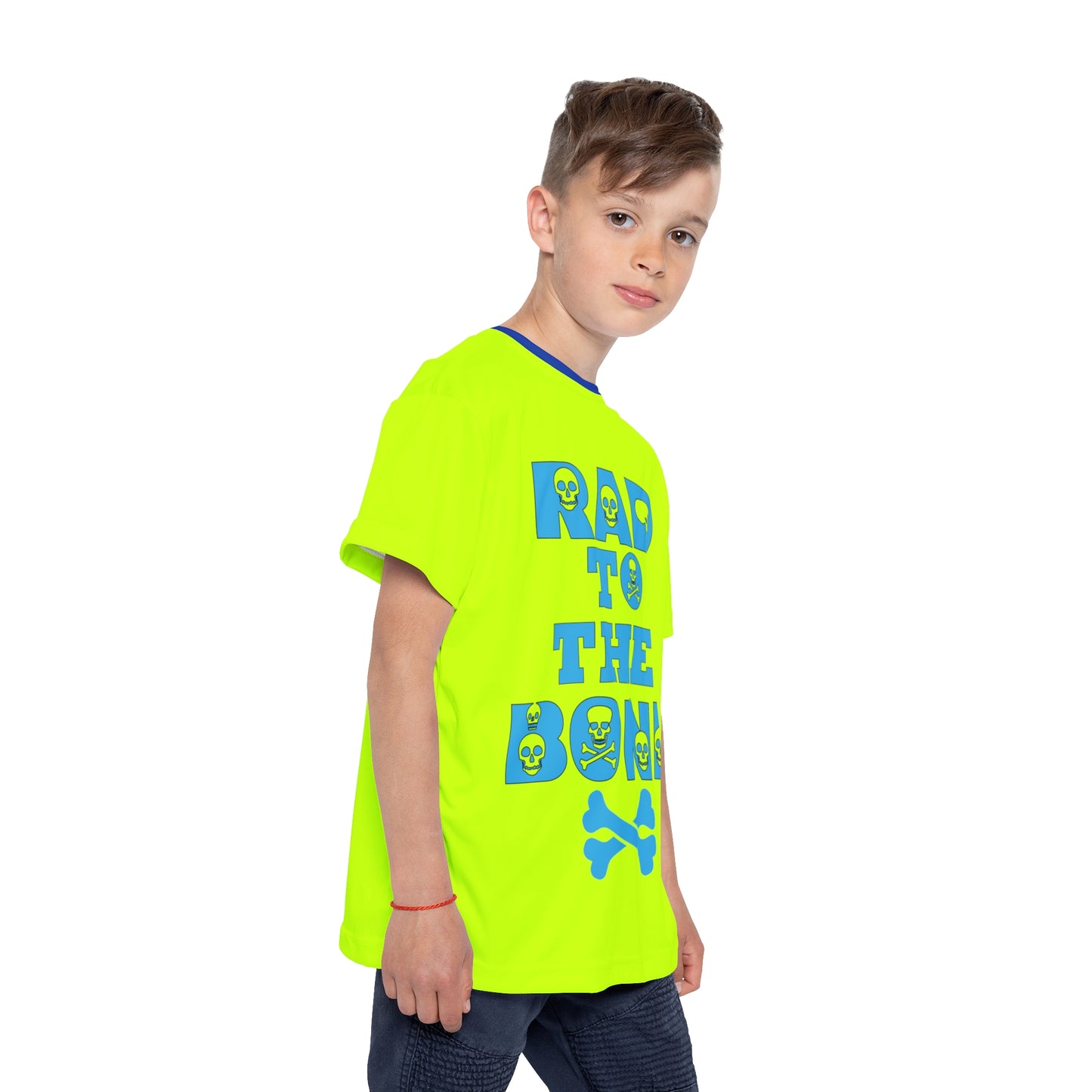 Neon Yellow Rad To The Bone Kids Sports Jersey | All-Over Print Youth Athletic Shirt | Stylish Sports Tee | Active Kids Fashion