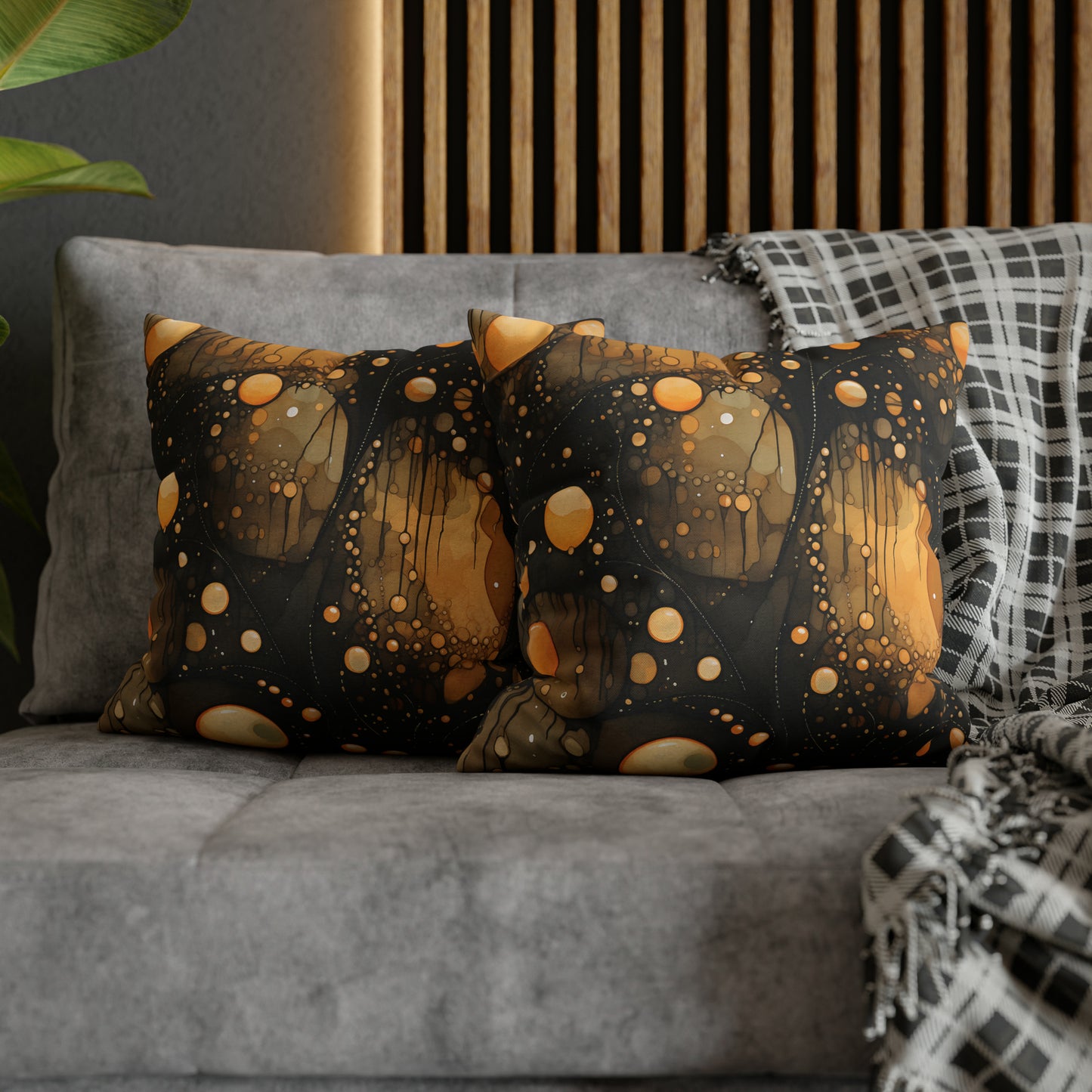 Halloween Yellow Orange Floating Blobs and Dark Spun Polyester Square Pillow Case