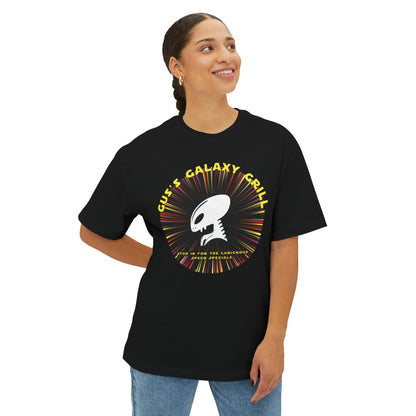 Gus's Galaxy Grill Unisex Oversized Boxy Tee Cosmic Cuisine Couture, Hilarious Foodie Fashion, Intergalactic Apparel