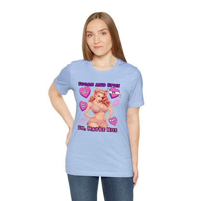 Sarcastic Elegance: Vintage Pink Pinup Girl "Sugar and Spice" on a Bella+Canva 3001 Unisex Jersey T-Shirt - A Must-Have Gift for her