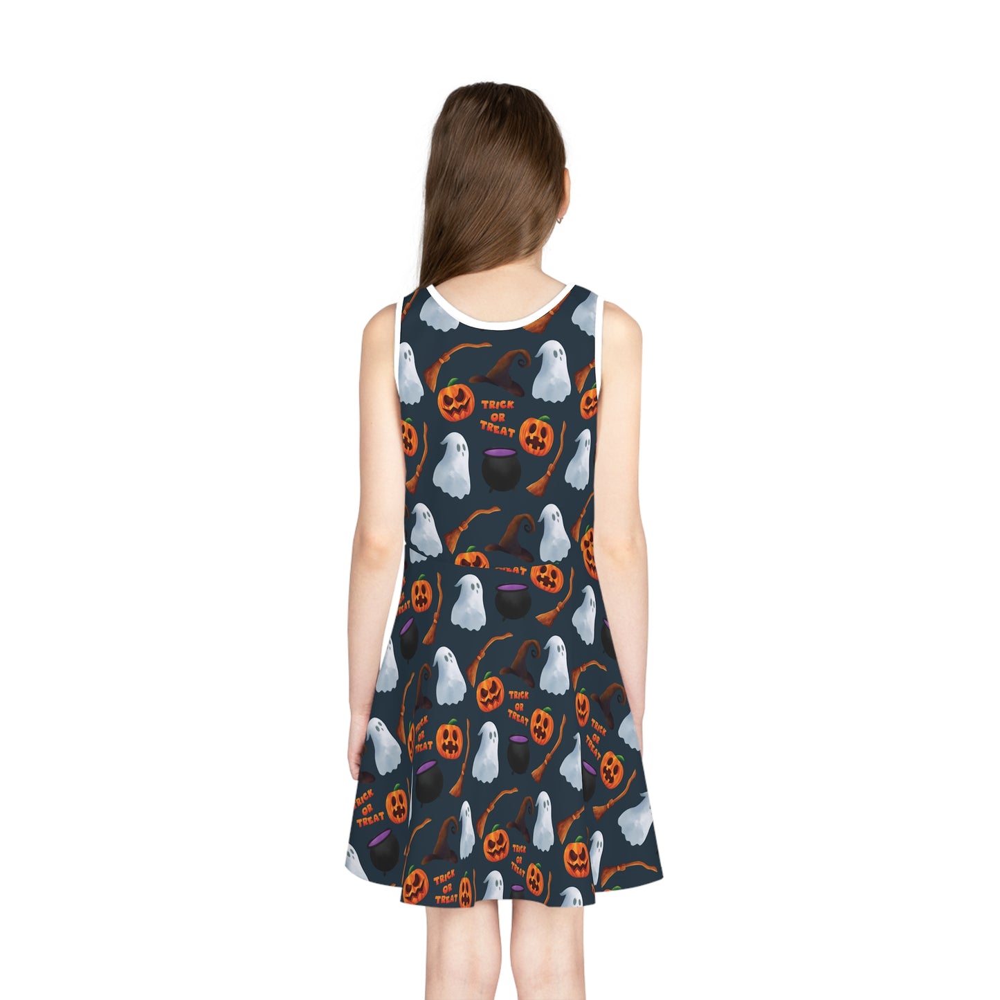 Halloween Trick or Treat Ghosts Witch Hats Jack o Lanterns Girls' Sleeveless Sundress (AOP)