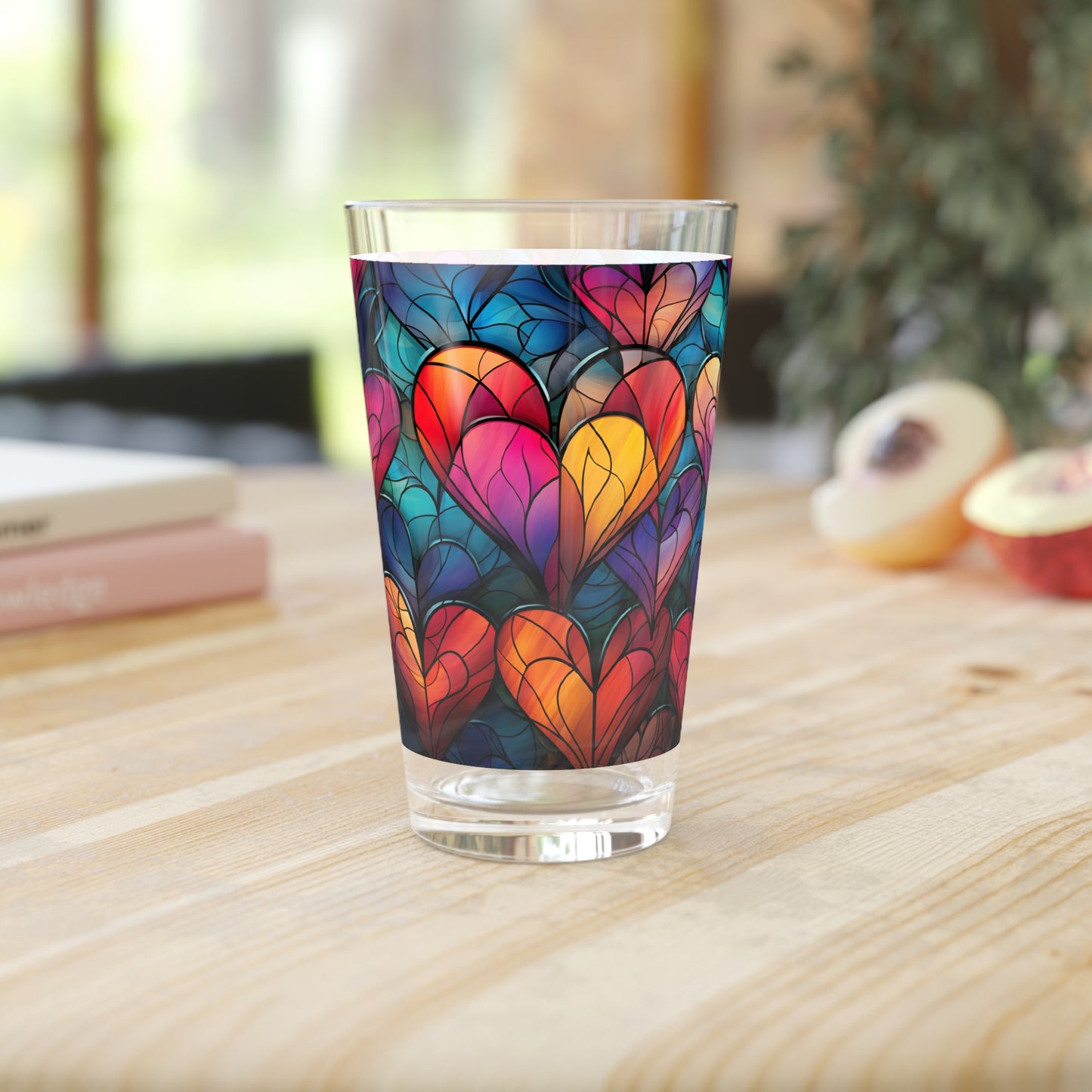 Love in Full Spectrum: A Vibrant Rainbow Heart Stained Glass artwork on a 16oz Pint Glass Gift idea gifts for home decor housewarming gift