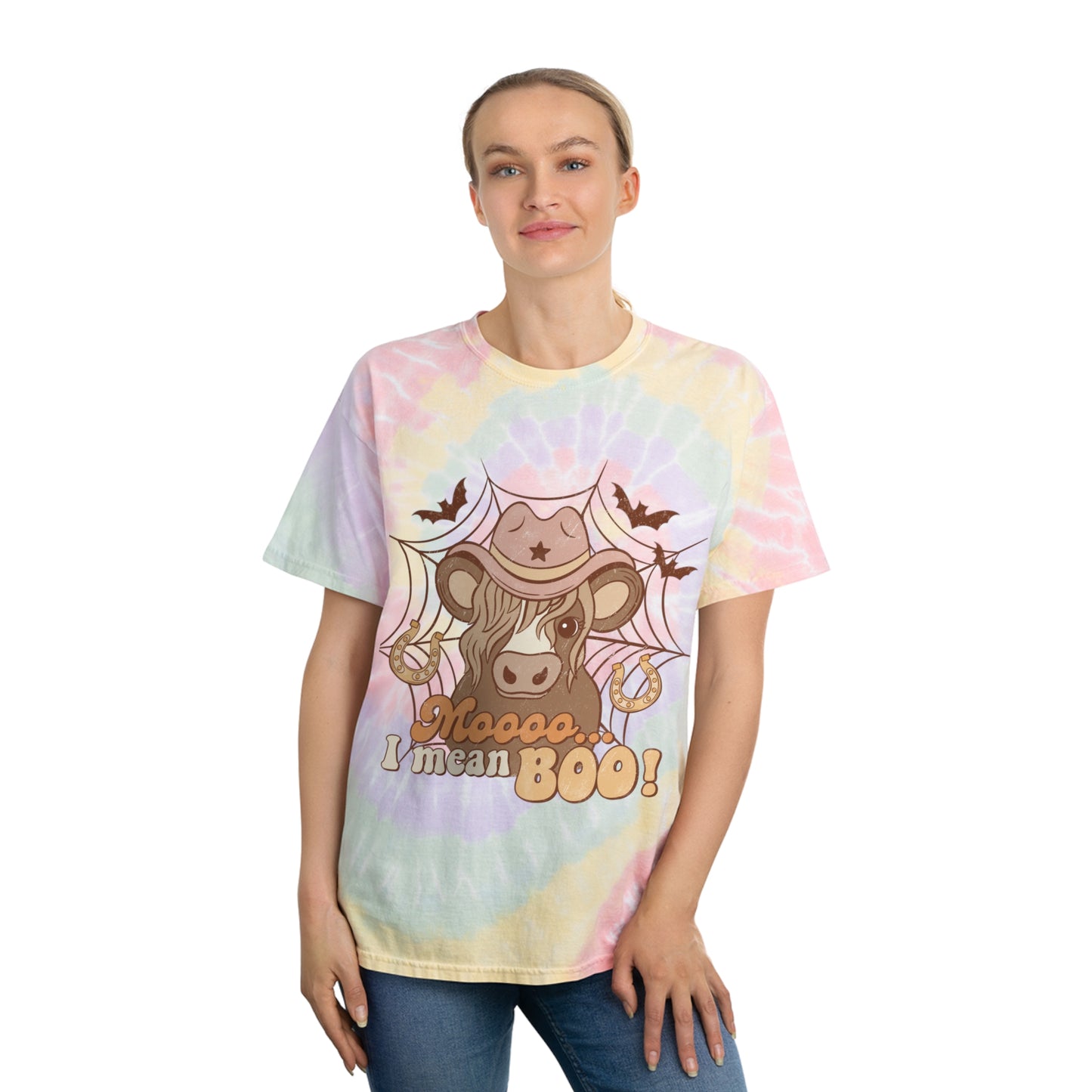 Cow saying moooo I mean boo Western Halloween Retro Tie-Dye Tee, Spiral Gifts for her Gifts for him