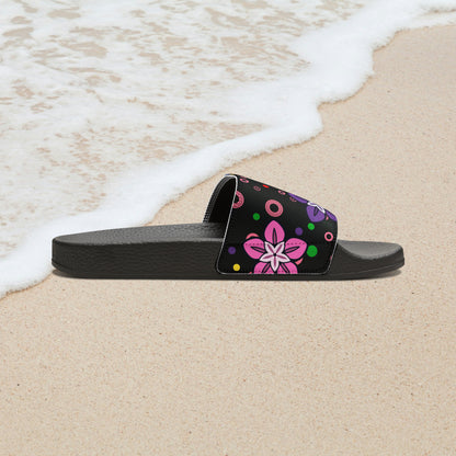 Good Times Good Vibes Feeling Groovy Retro Colorful Flowers Women's PU Slide Sandals