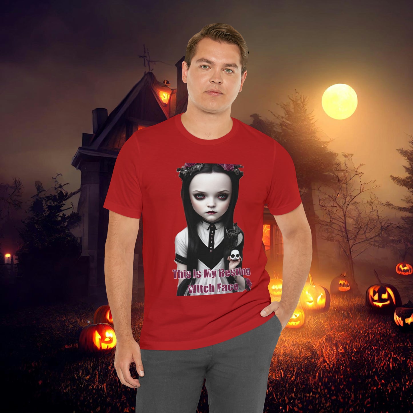 Wednesday Addams Chibi by Charlie Bowater This Is my Resting Witch Face Halloween Unisex Jersey Short Sleeve Tee