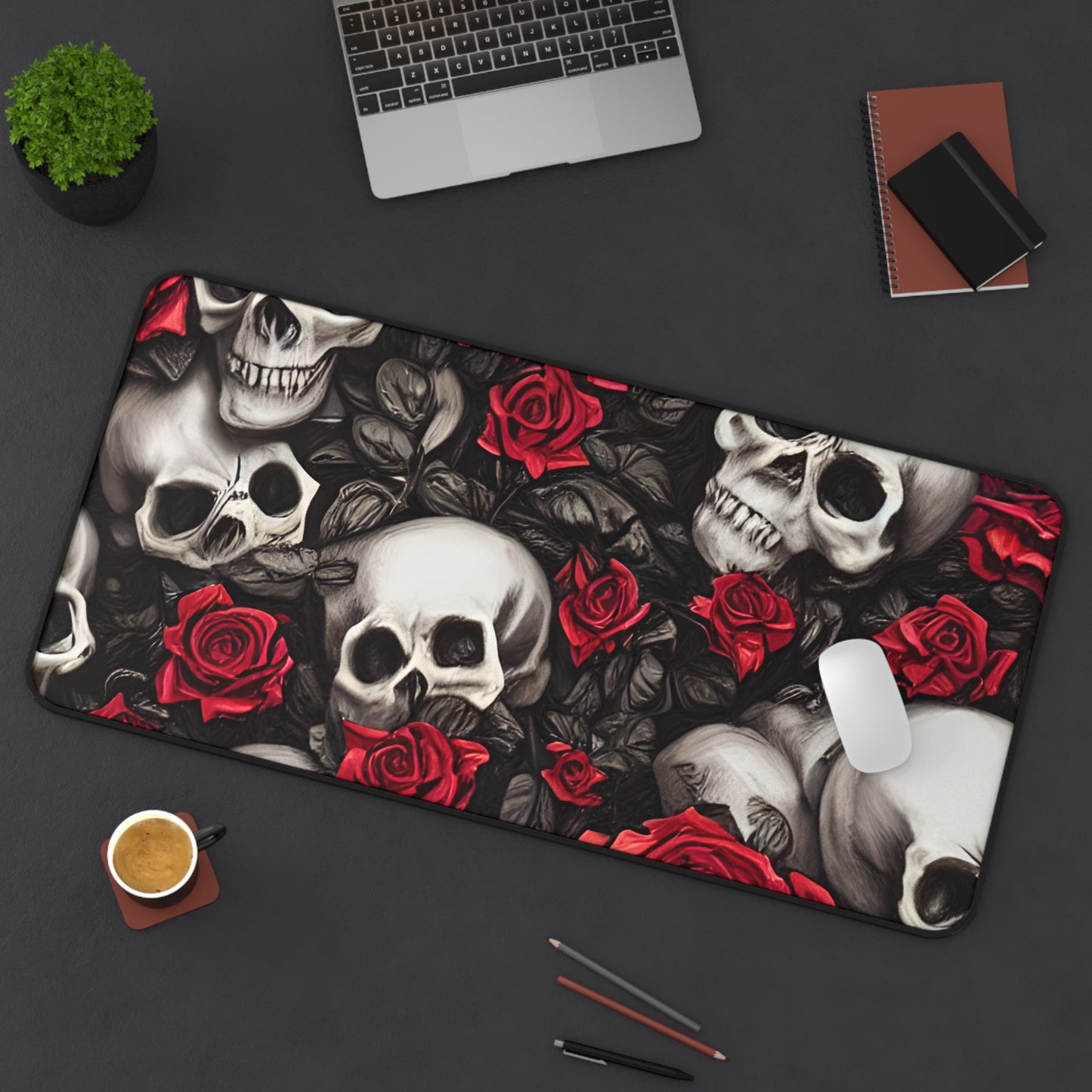 Hyper Realistic Skulls and Red Roses by artist Anne-Laure Goupil Desk Mat