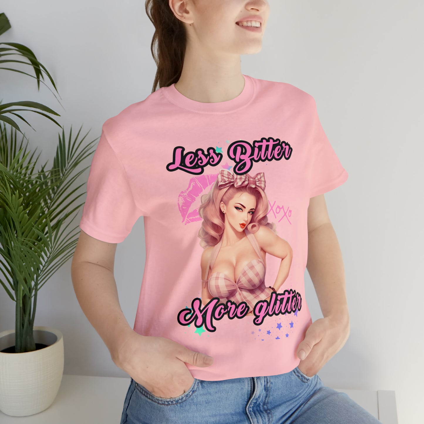 Vintage Pink Pinup Girl "Less Bitter More Glitter" on a Bella+Canva 3001 Unisex Jersey T-Shirt - A Must-Have Gift for her