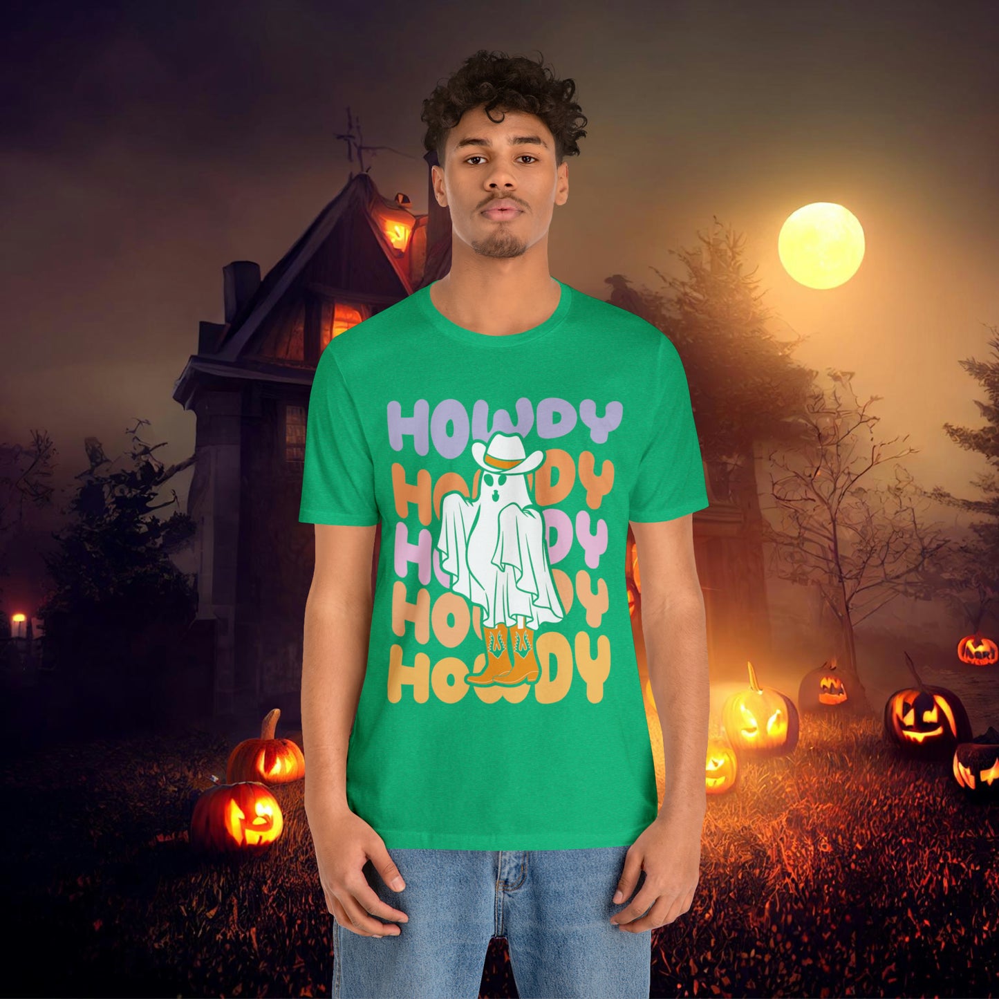 Cowboy Ghost Howdy Retro Halloween Unisex Jersey Short Sleeve Tee Gifts for Him Gifts For Her