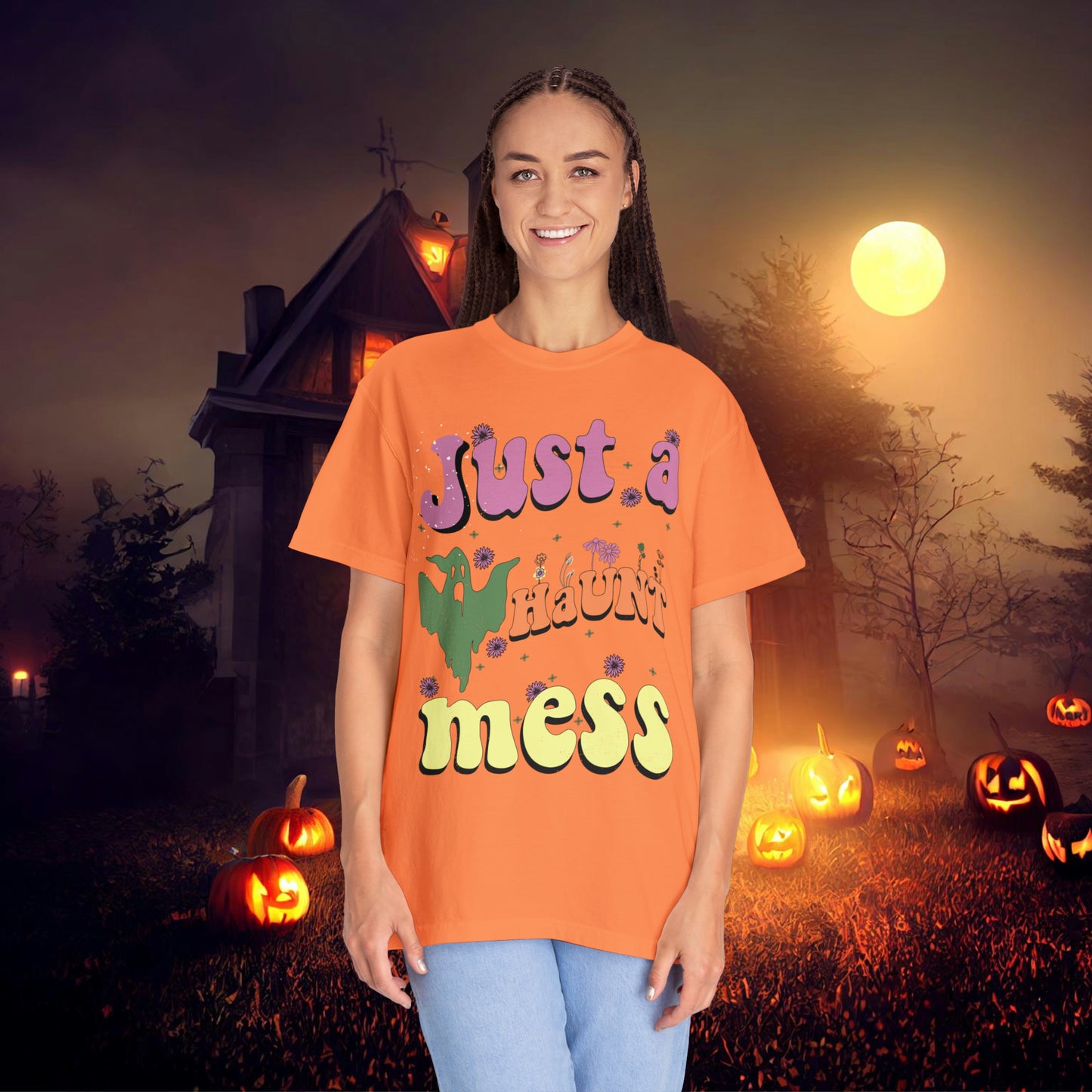 Just a Haunt Mess Retro Halloween Unisex Garment-Dyed T-shirt Gifts for Her Gifts for him