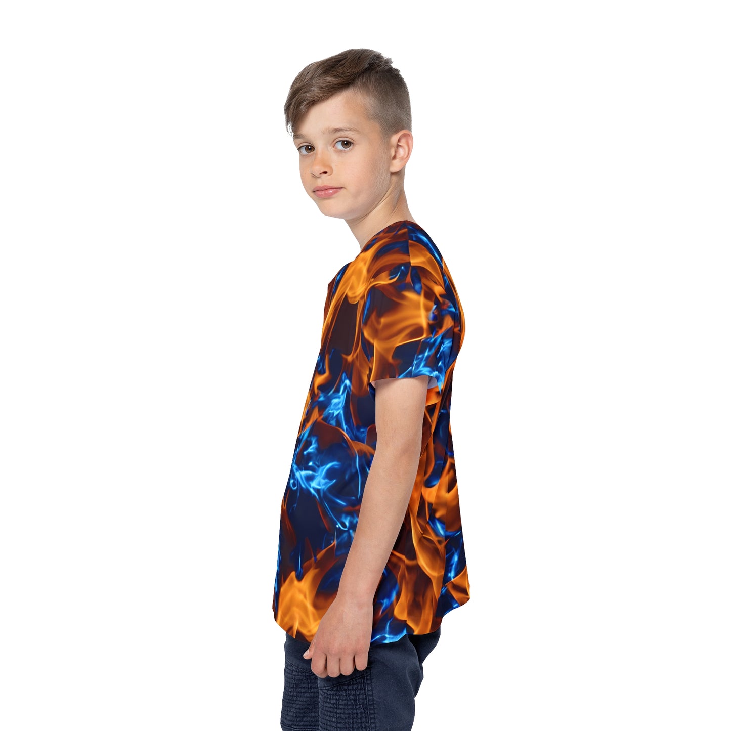 Blaze a Trail: All Over Print Kid Sport Jersey with Blue and Orange Flames