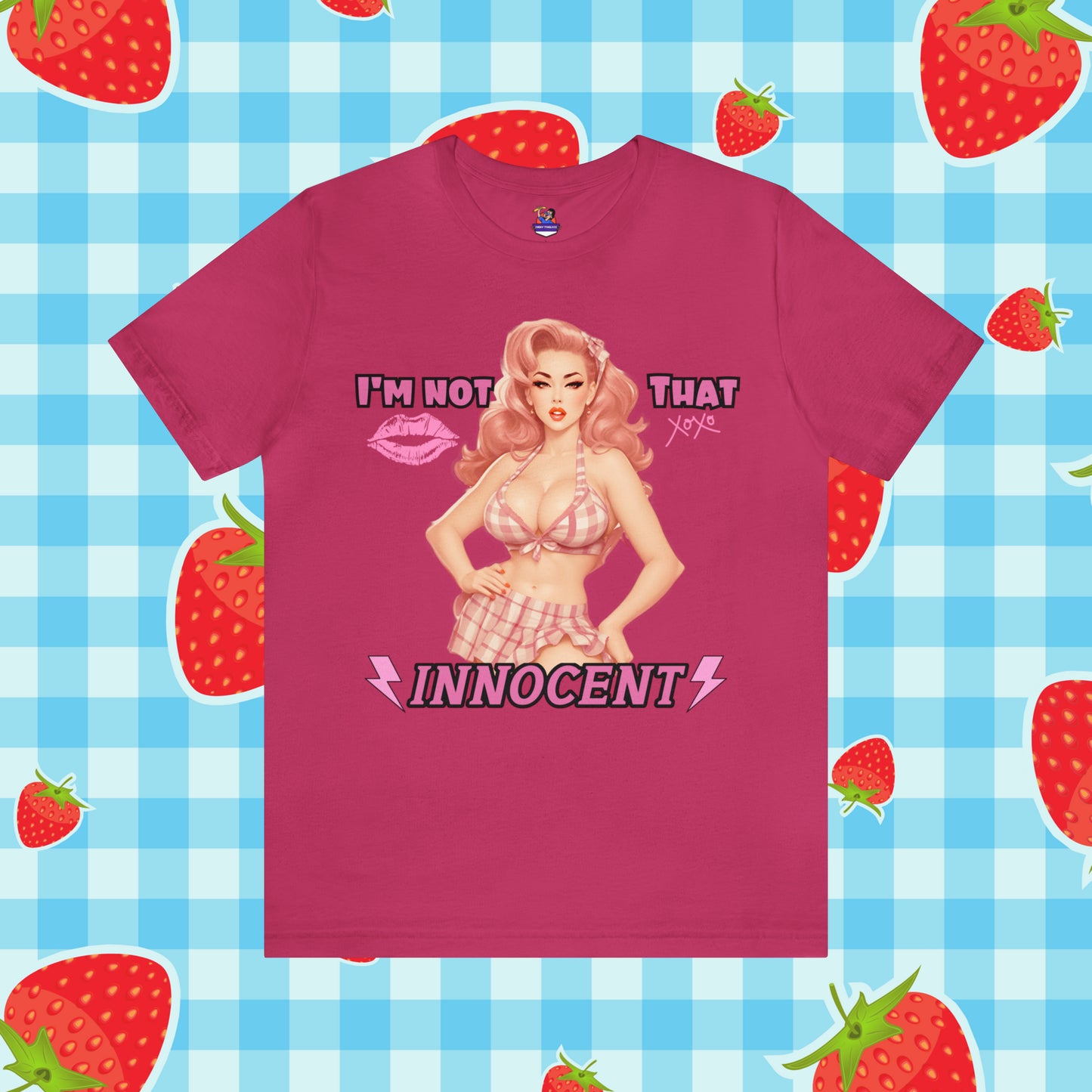 Sarcastic Vintage Pink Pinup Girl "I'm not That Innocent" on a Bella+Canva 3001 Unisex Jersey T-Shirt - A Must-Have Gift for her