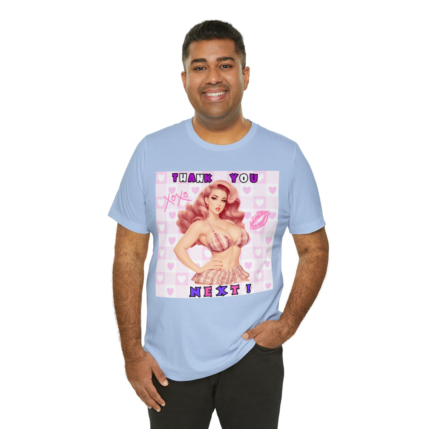 Timeless Elegance: Vintage Pink Pinup Girl "Thank You Next" on a Bella+Canva 3001 Unisex Jersey T-Shirt - A Must-Have Gift for her