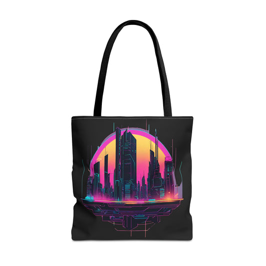 Cyberpunk City Landscape AOP Tote Bag 3 sizes 5 color handle options