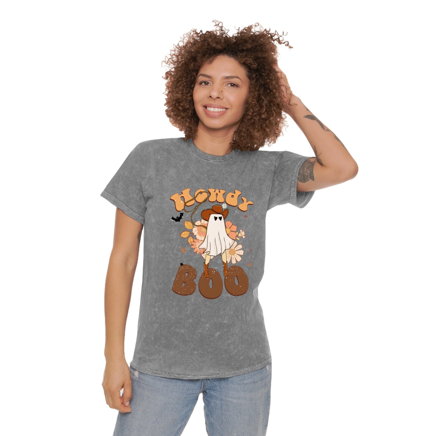 Ghost Cowboy saying Howdy Boo Retro Groovy Hallowen Unisex Mineral Wash T-Shirt Gifts for Her