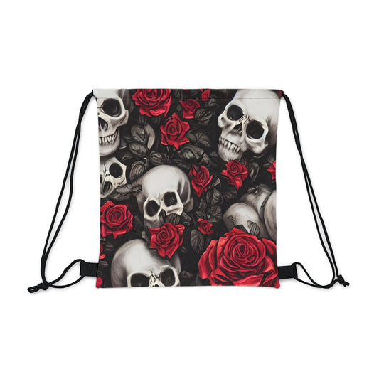 Hyper Realistic Skulls and Red Roses by artist Anne-Laure Outdoor Drawstring Bag