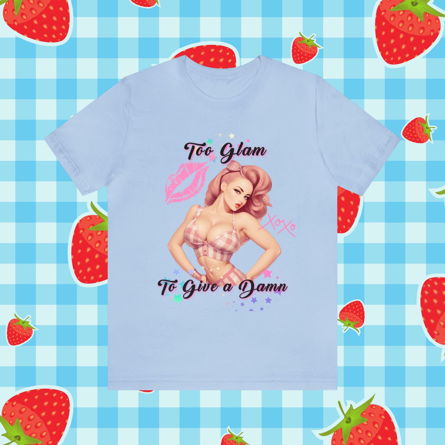 Vintage Pink Pinup Girl "Too Glam To Give a D*mn" on a Bella+Canva 3001 Unisex Jersey T-Shirt - A Must-Have Gift for her