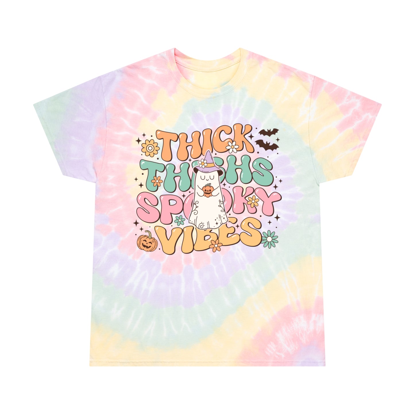 Thick Thighs Spooky Vibes Retro Groovy Halloween Tie-Dye Tee, Spiral Gifts for Him GIfts For Her