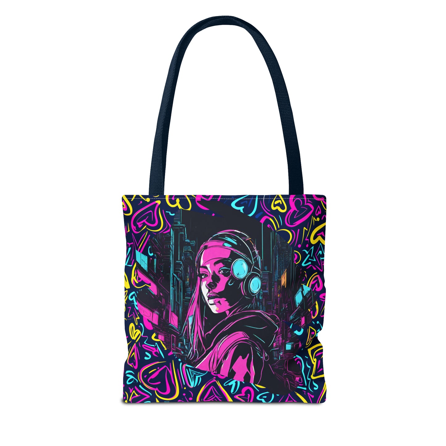 Cyberpunk Girl in Neon Graffiti Hearts AOP Tote Bag 3 sizes 5 color handle options